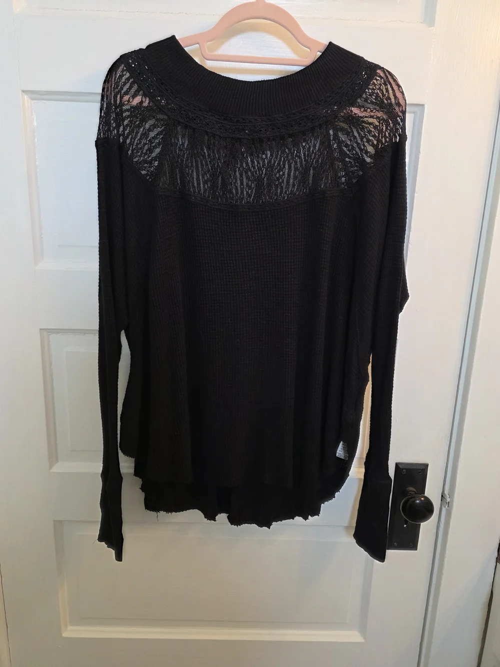 Free People Spring Valley Black Lace Yoke Waffle Thermal Top Size S